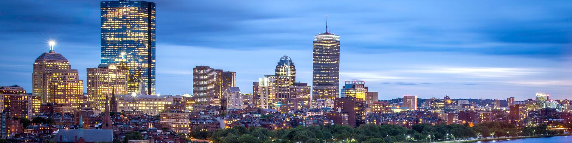 Conceptual image of Boston in Massachusetts, USA at night showcasing the Back Bay park of the city.