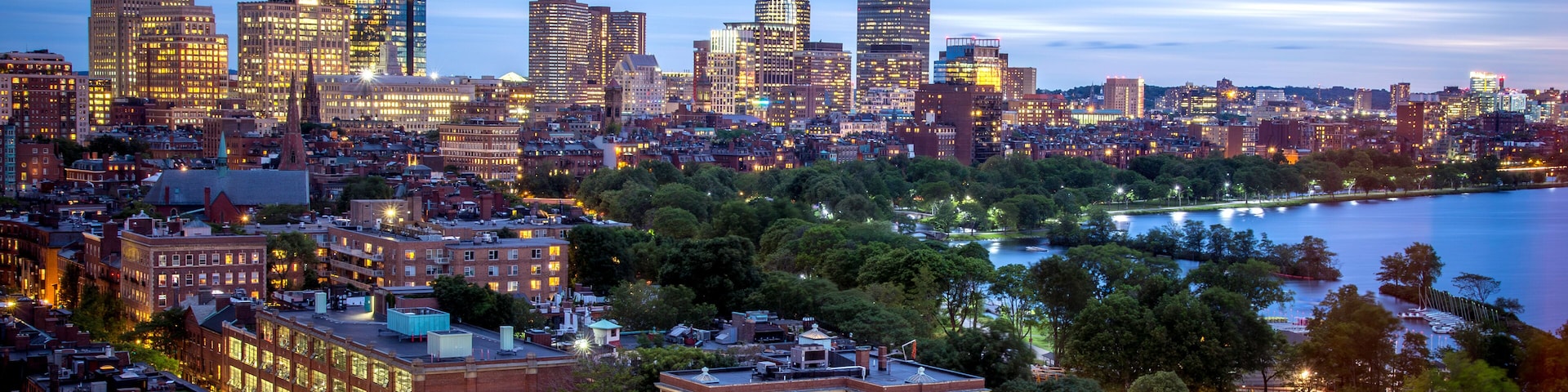 Conceptual image of Boston in Massachusetts, USA at night showcasing the Back Bay park of the city.