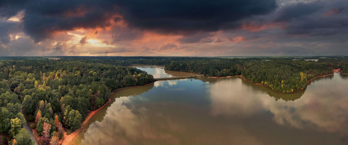A river winding through a dense forest with a cloudy sky above.