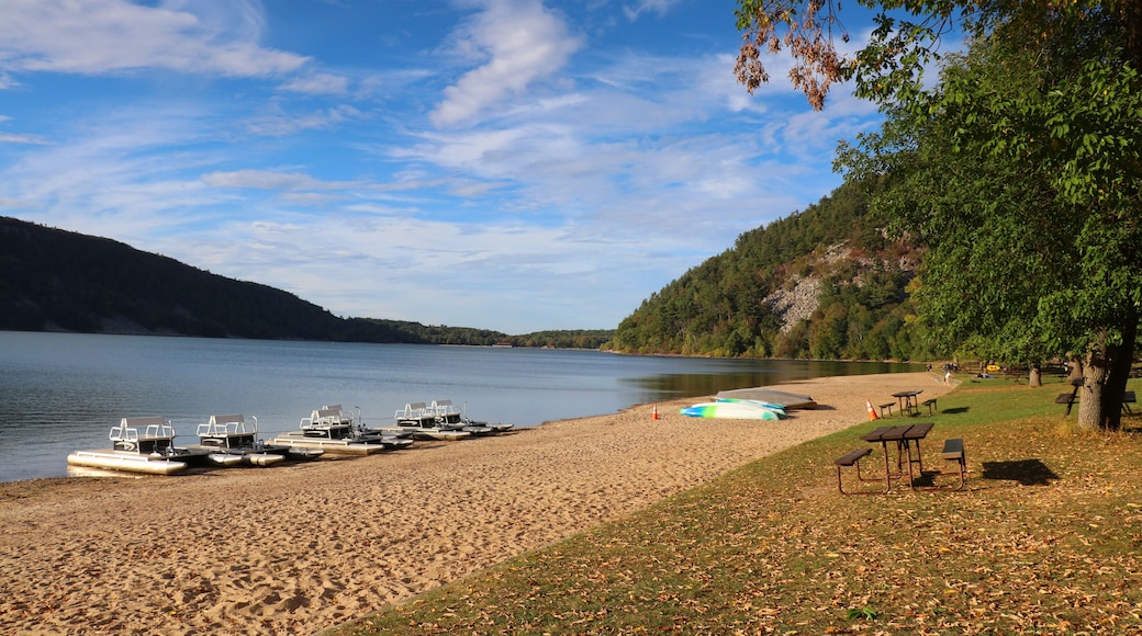 Beautiful Wisconsin nature background. Scenic view with boats and catamarans on a lake beach. Devils Lake State Park south shore, Baraboo area, Wisconsin, Midwest USA.