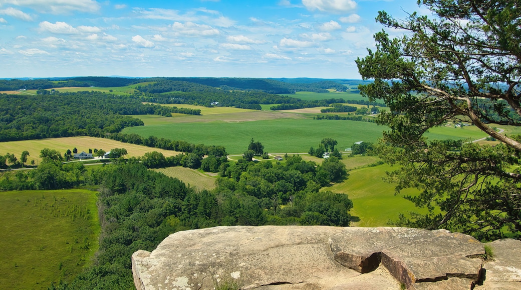 Sunny Summer day landscape of the view from atop Gibraltar Rock of surrounding forests and farmland near Lodi, Wisconsin.