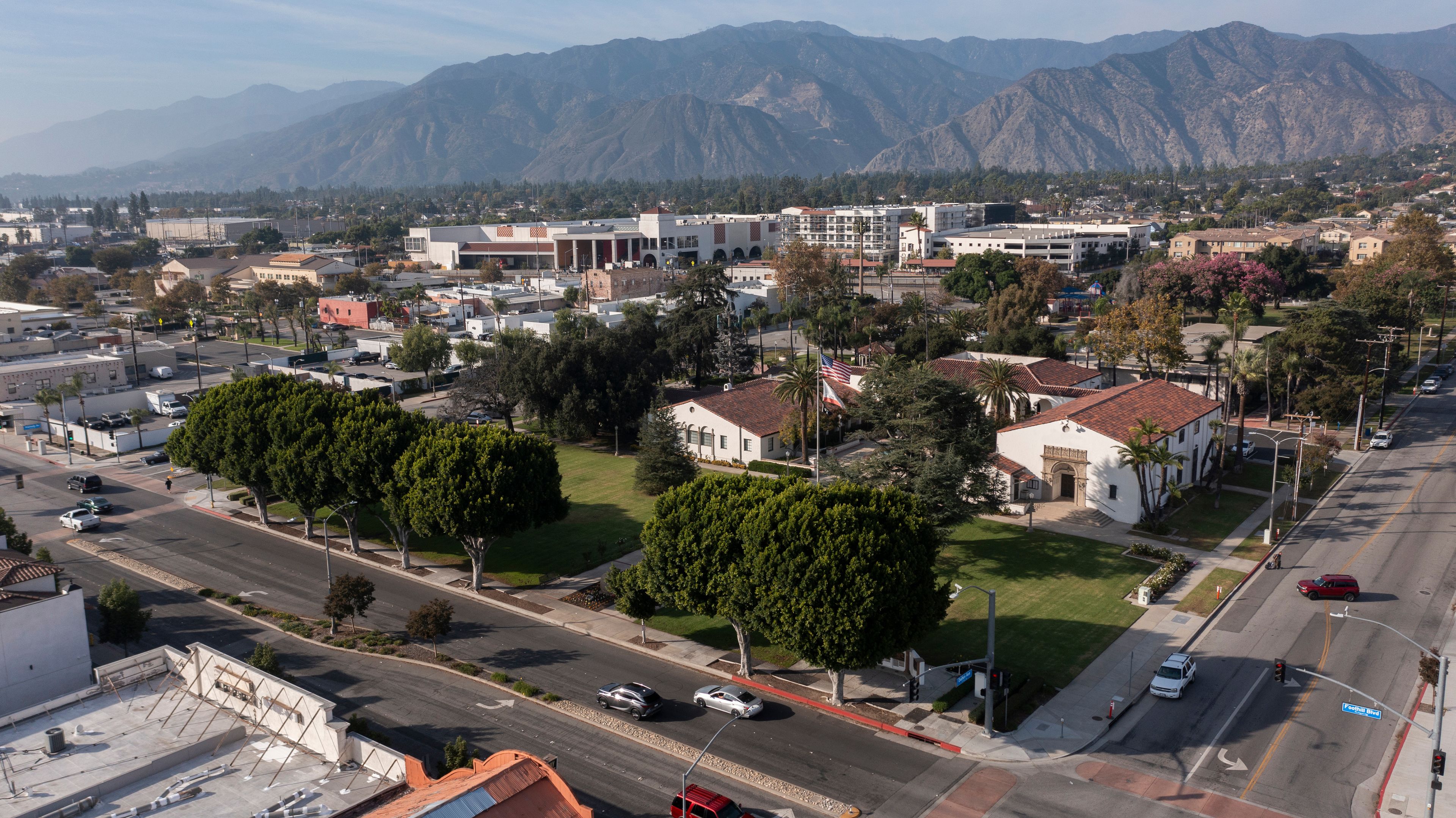 Afternoon sun illuminates historic architecture in downtown Azusa, California, USA.
