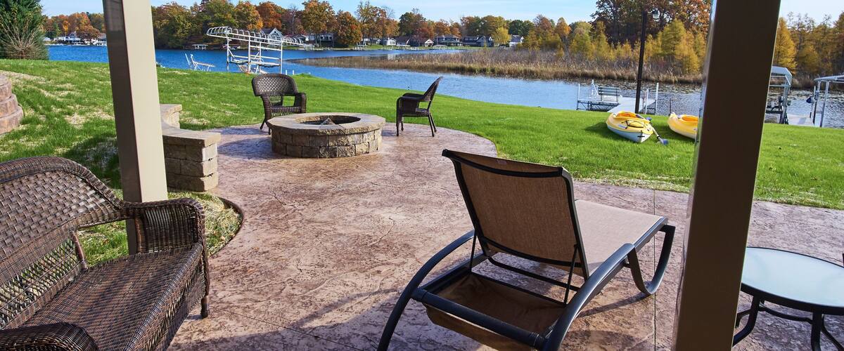 Aerial Lakeside Luxury Patio and Autumn Trees, Lake Jimmerson