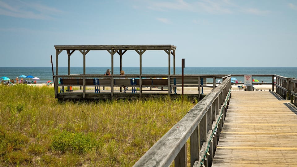 A wooden pier leading to a beach with a wooden shelter.