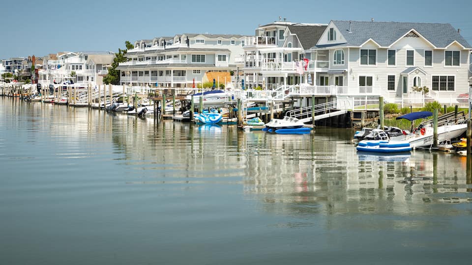 A waterfront with houses and boats docked along the shore.