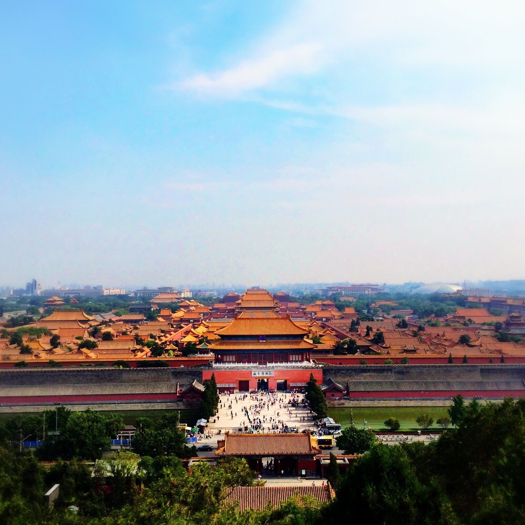 The Forbidden City is the Palace where the Chinese emperors lived until the revolution in 1911.

Build nearly 600 years ago, the Forbidden City is a World Heritage on the UNESCO list. This masterpiece of Chinese architecture was designed after the principles of Yin and Yang. 
One of the principles determines the necessity of a hill behind palaces, where this picture was taken.
The Jingshan park is the perfect spot to get an overview of this immense area. 

No matter if you want to go to the forbidden city or the Jingshan Park, do it as early as somehow possible to beat the extreme crowds!
#beijing #china #forbiddencity #architecture 