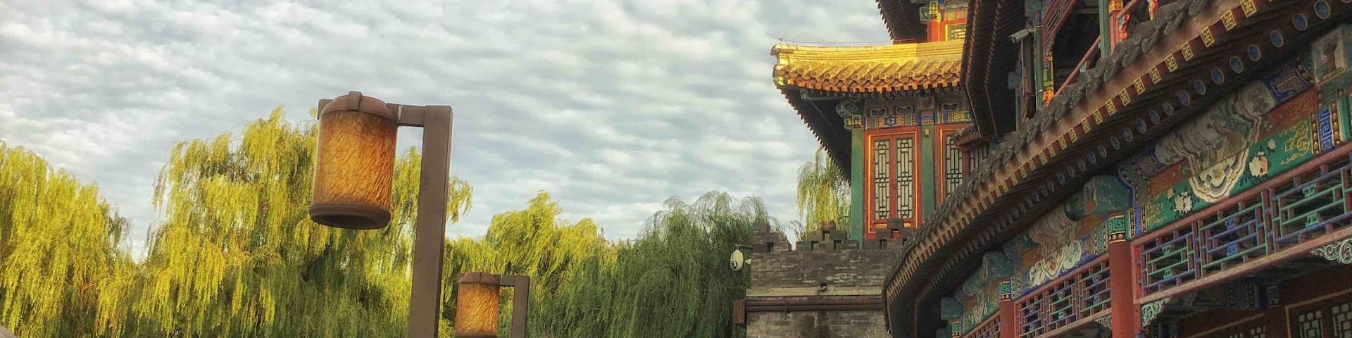 A traditional Chinese building with ornate architecture, a stone wall, and a weeping willow tree.