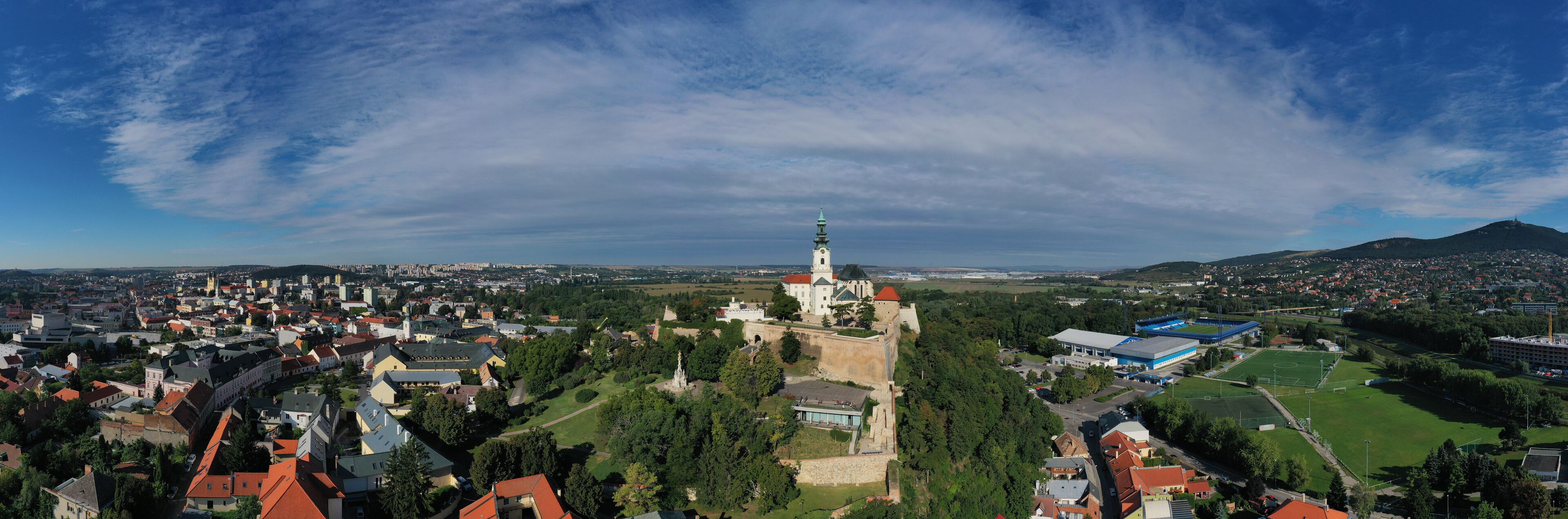 A panoramic view of a town with a prominent church tower, a castle, and surrounding greenery.