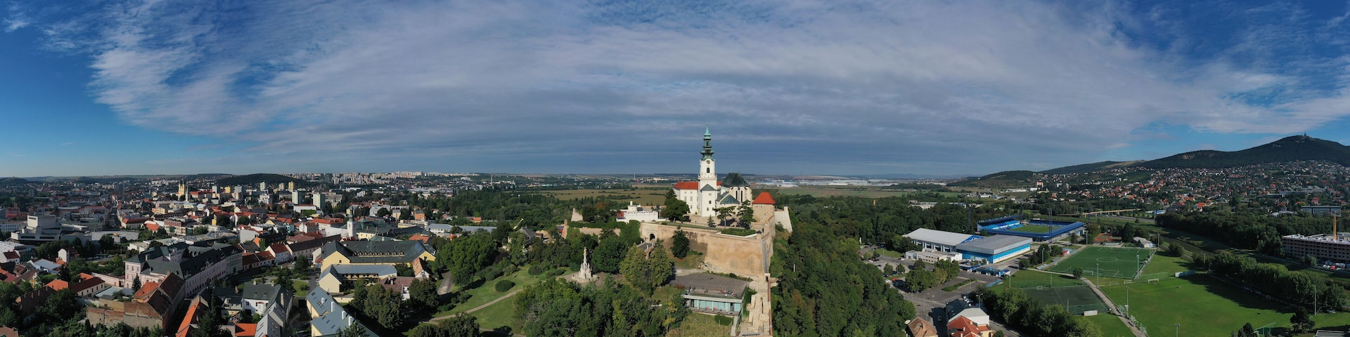 A panoramic view of a town with a prominent church tower, a castle, and surrounding greenery.