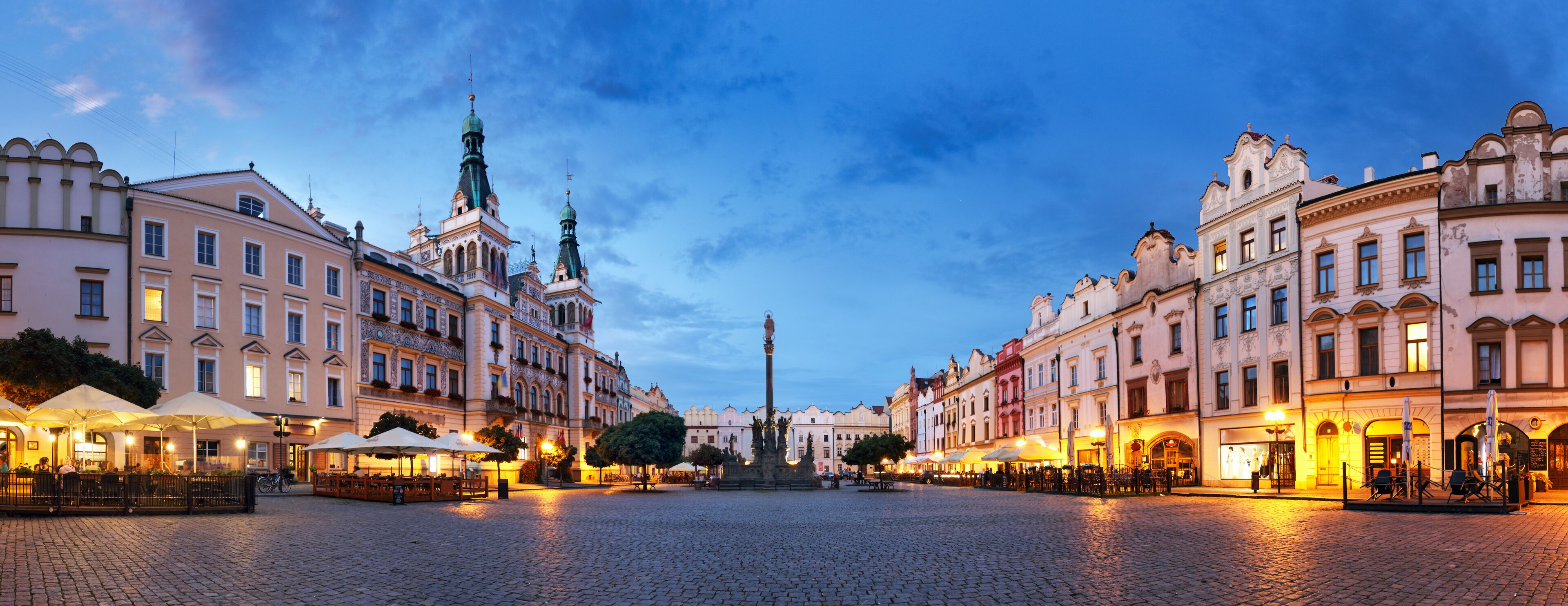 Pardubice at night, panorama of main square, Czech Republic