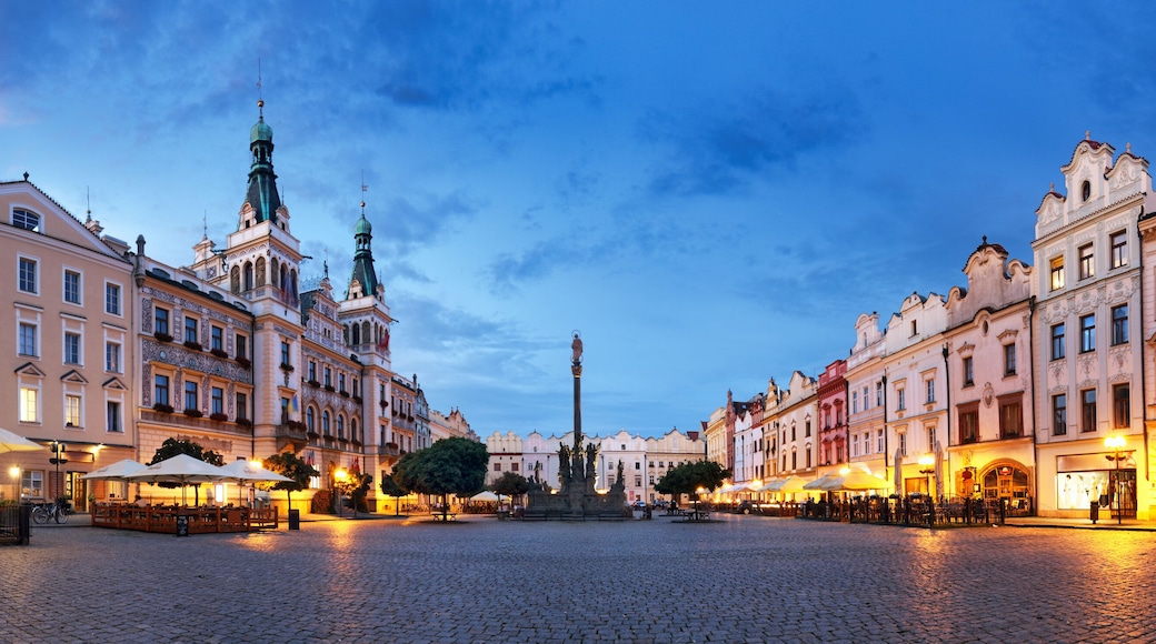Pardubice at night, panorama of main square, Czech Republic