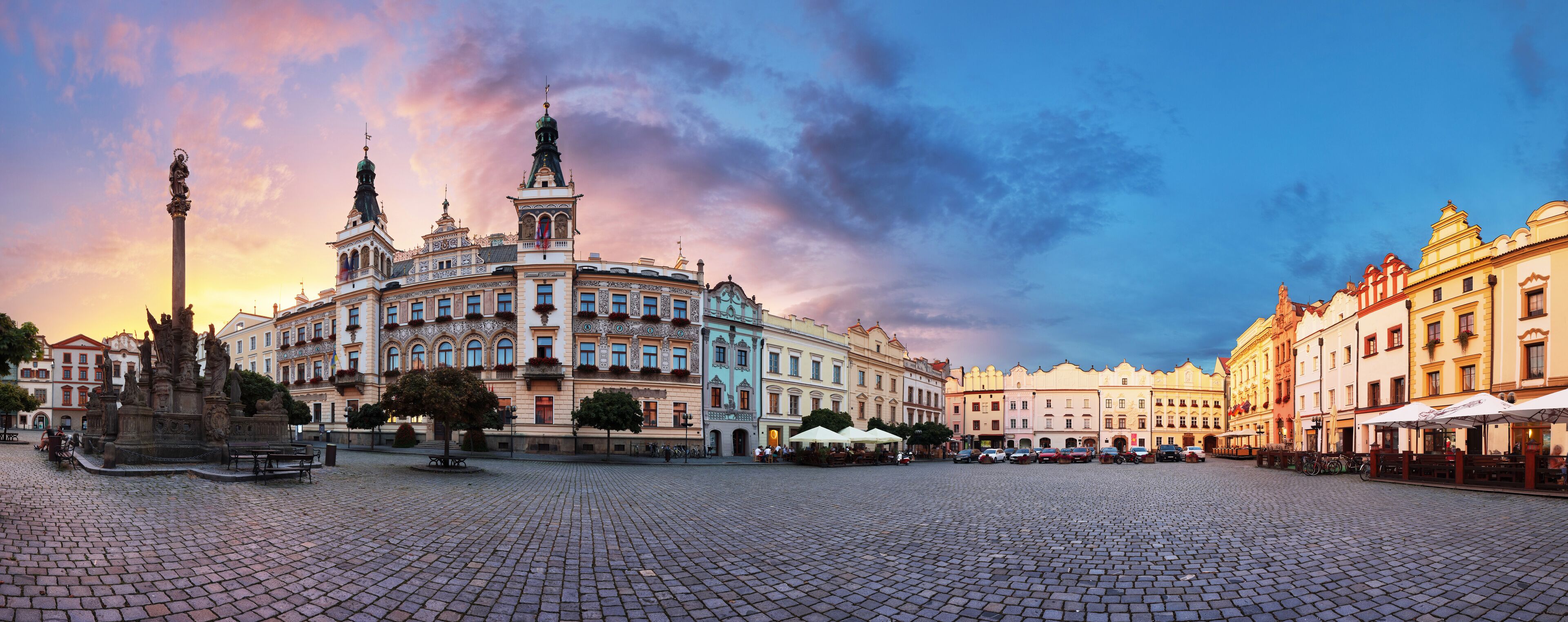 Panorama of town square in Pardubice at night, Czech Republic