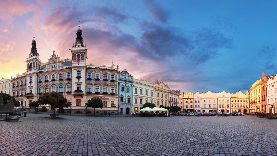 Panorama of town square in Pardubice at night, Czech Republic