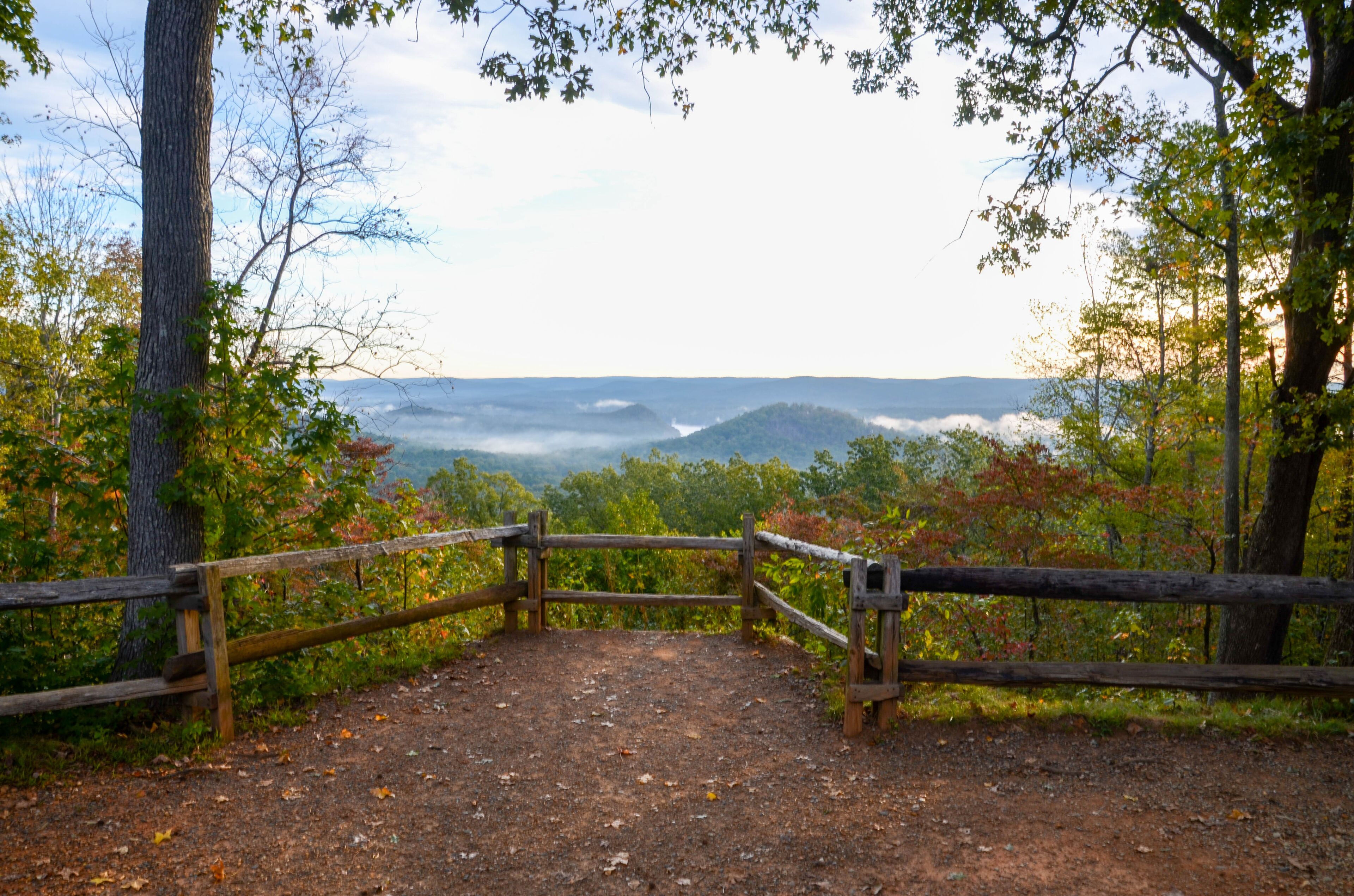 View of the fog covered valley below. Taken from the top of Morrow Mountain State Part NC