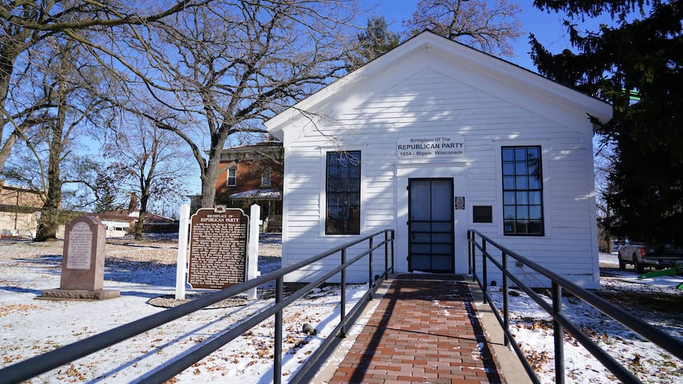 A white building labeled as the birthplace of the Republican Party, located in Ripon, Wisconsin.