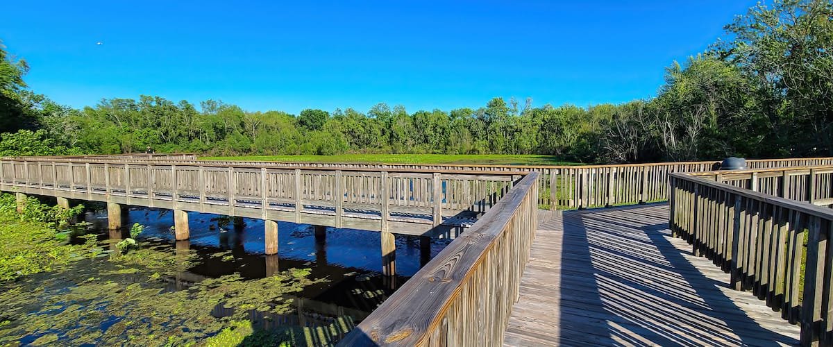A wooden boardwalk over a water body with trees in the background.