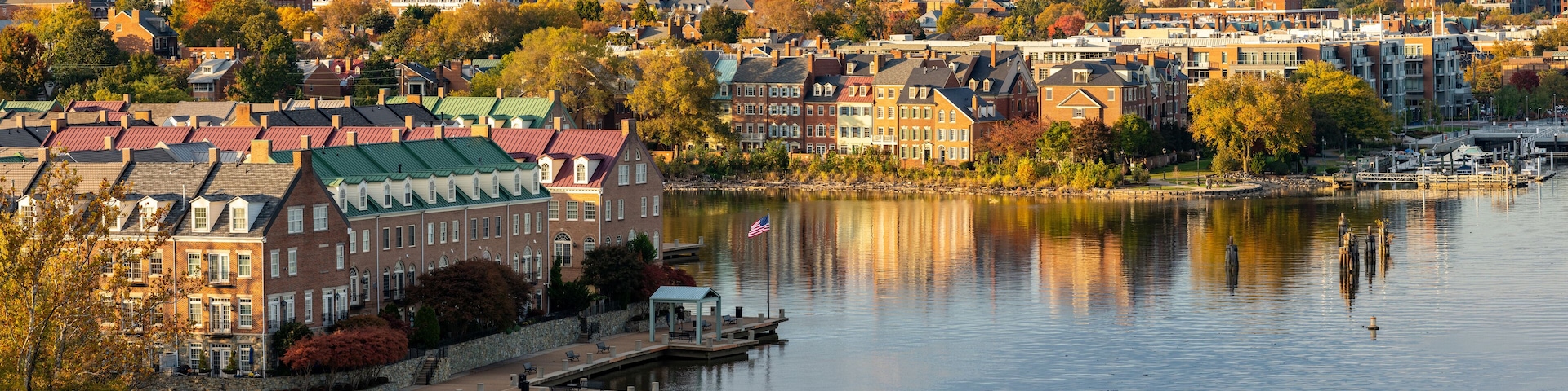 A riverside cityscape with historic buildings, a marina, and a prominent skyscraper.