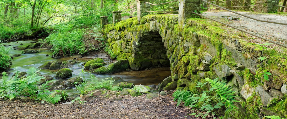 Moss Covered Antique Stone Bridge Near the Little River, The Great Smokies Mountains National Park