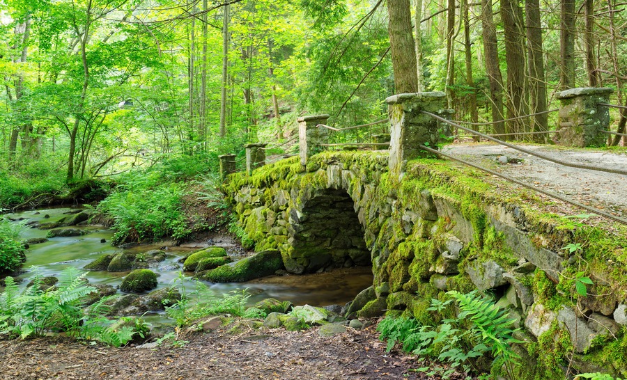 Moss Covered Antique Stone Bridge Near the Little River, The Great Smokies Mountains National Park