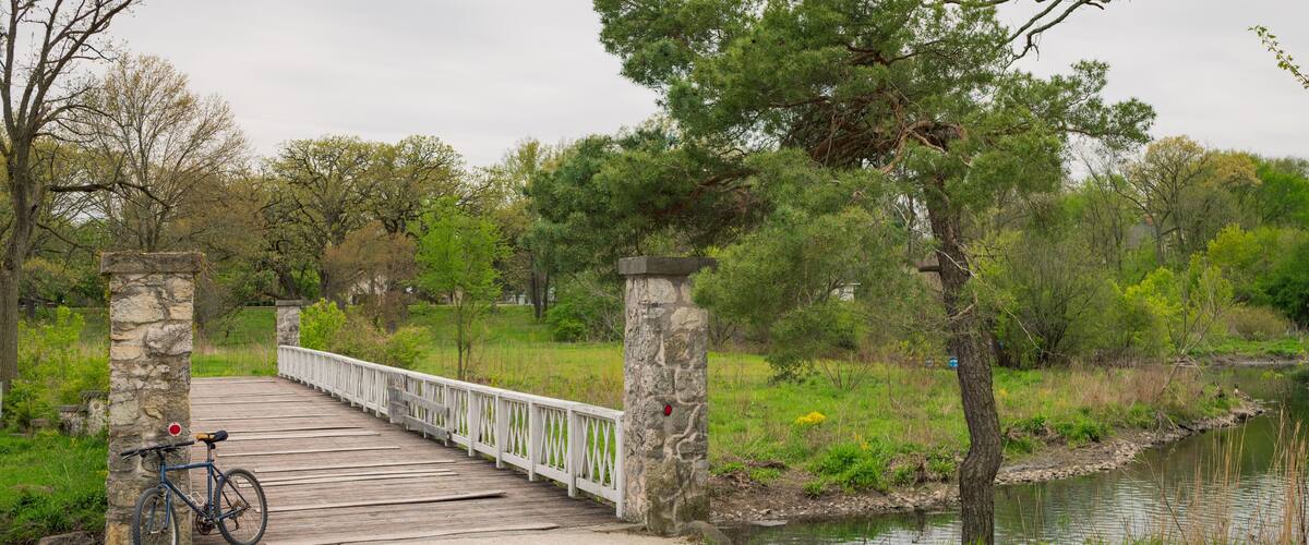 A wooden boardwalk over a river, surrounded by trees and greenery.