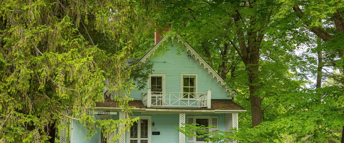 A light blue house with a porch, surrounded by lush greenery and trees.