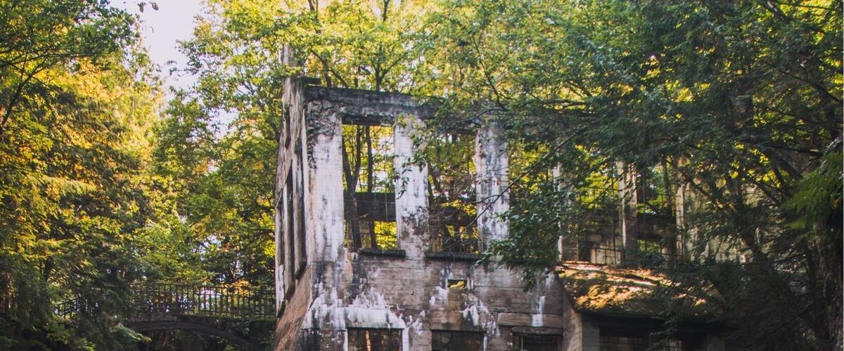 A waterfall, a stone structure, and a forested area.