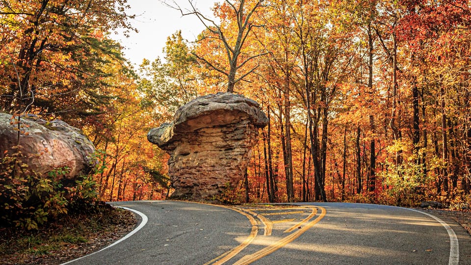 A winding road through a forest with autumn foliage and a large rock formation.