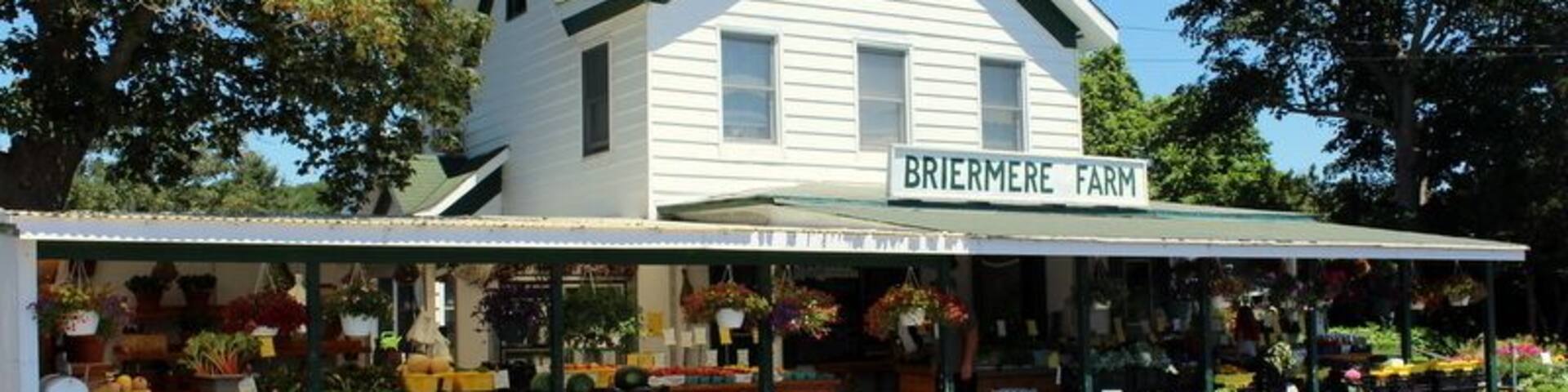 A white building with a green roof labeled "Briermere Farm" and a covered porch displaying various plants.