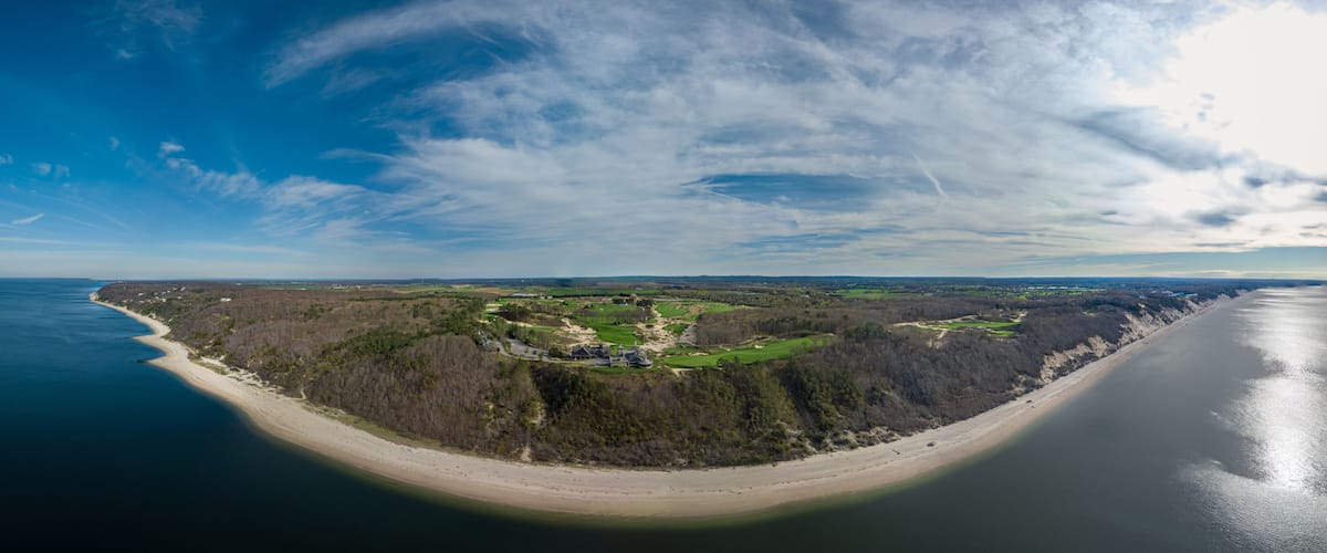 Drone panoramic view of a golf course in Riverhead Baiting Hallow New York