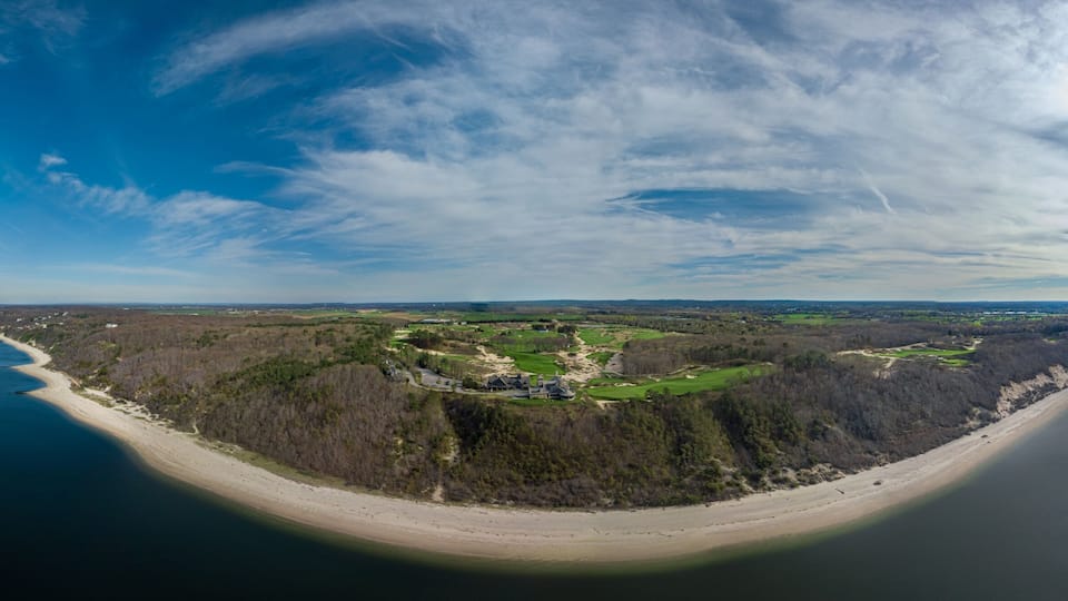 Drone panoramic view of a golf course in Riverhead Baiting Hallow New York