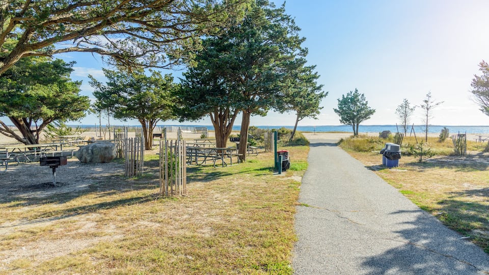 A paved path, picnic tables, and a view of the ocean.