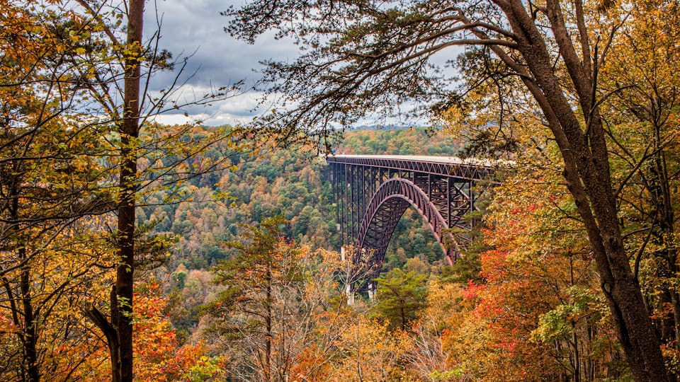 A steel bridge in a forest with autumn foliage.