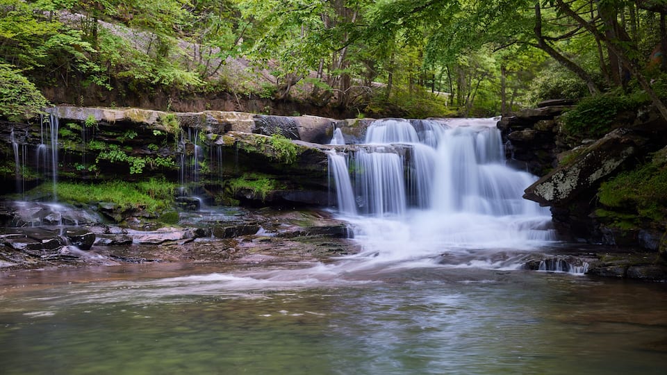 A waterfall cascading over rocks in a forested area.