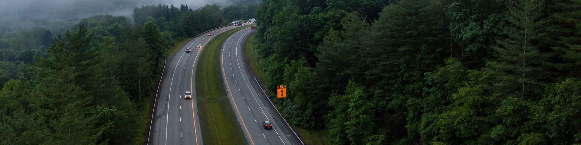 US Route 19 / Robert C. Byrd Appalachian Highway - Four-Lane Freeway on Foggy Evening - Oak Hill, West Virginia