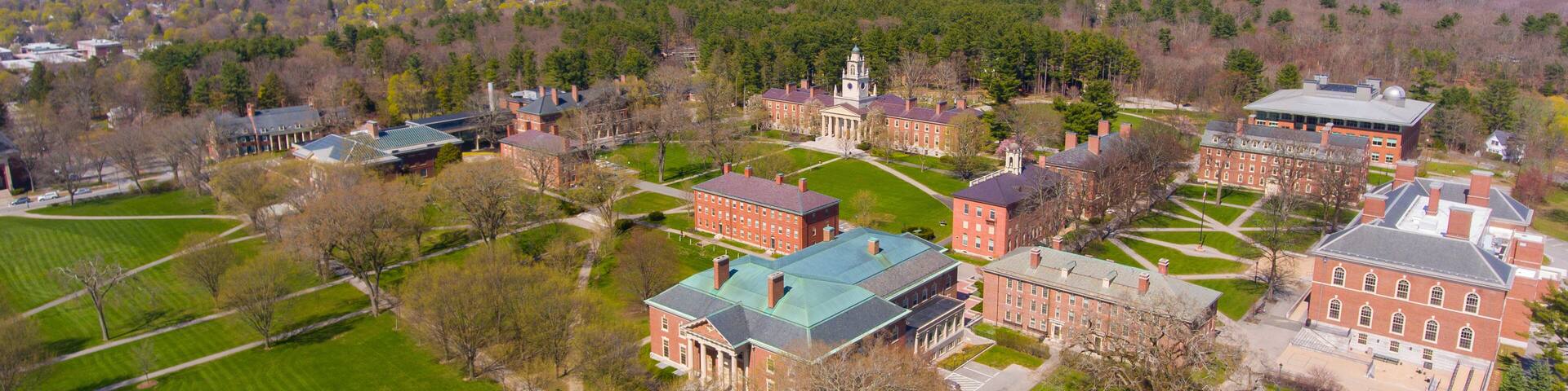 Phillips Academy aerial view in spring including Samuel Phillips Hall at 180 Main Street in historic town center of Andover, Massachusetts MA, USA.