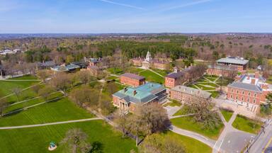 Phillips Academy aerial view in spring including Samuel Phillips Hall at 180 Main Street in historic town center of Andover, Massachusetts MA, USA.