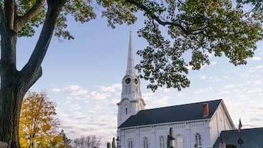 A church with a tall steeple, surrounded by trees and gravestones.