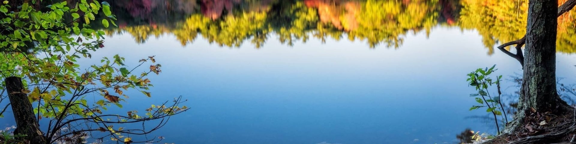 Um lago tranquilo refletindo árvores de outono coloridas, céu claro e margem arborizada.