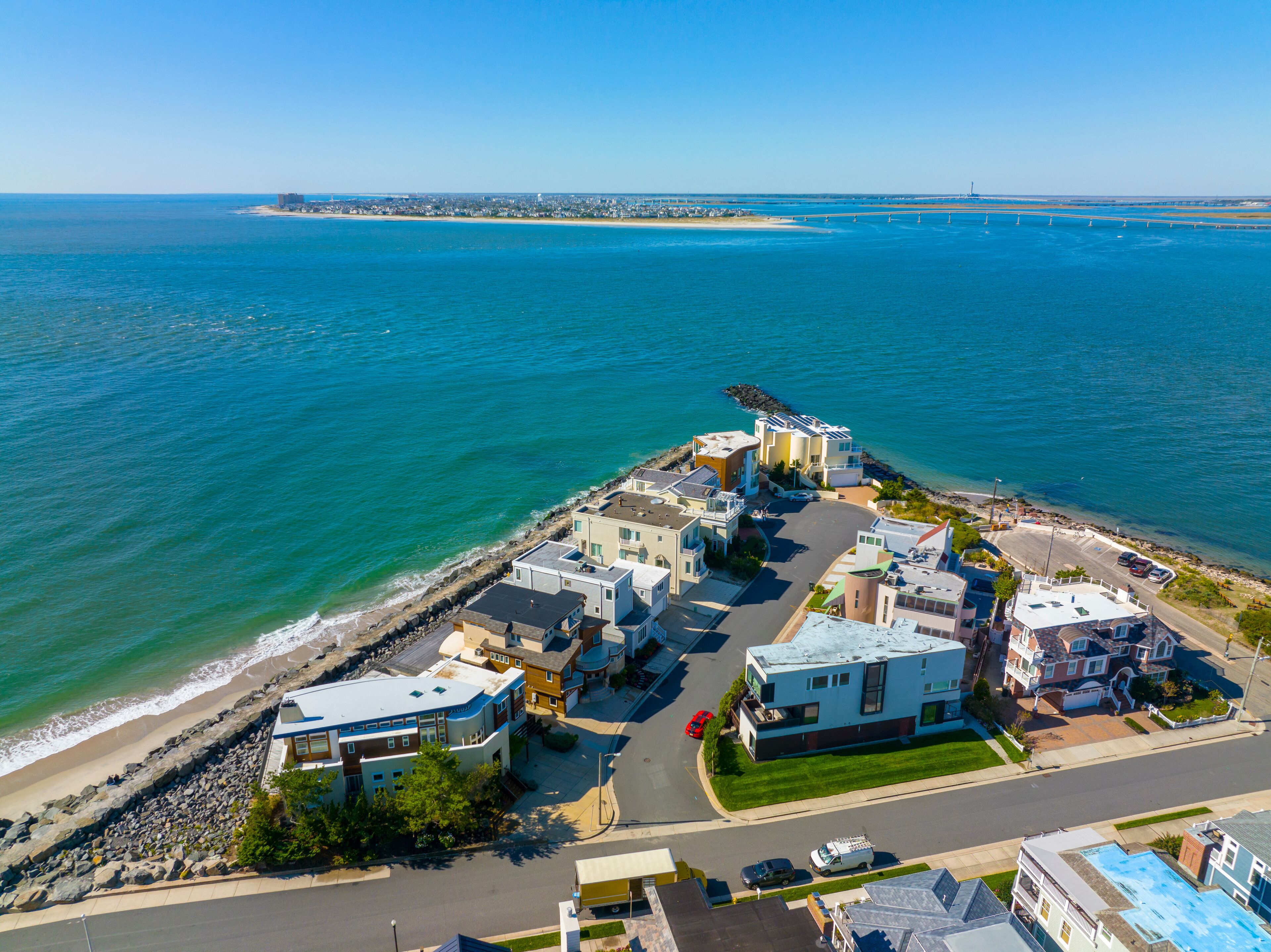 Longport Point aerial view with Ocean City across Great Egg Harbor at the background, Longport, New Jersey NJ, USA. Longport is the southernmost town of Absecon Island. 