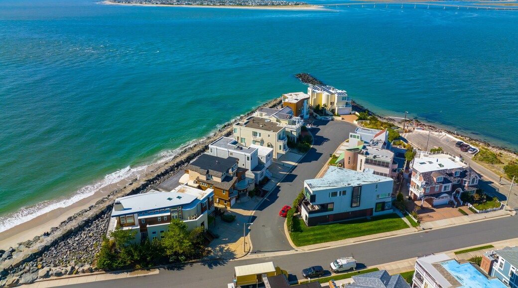 Longport Point aerial view with Ocean City across Great Egg Harbor at the background, Longport, New Jersey NJ, USA. Longport is the southernmost town of Absecon Island.