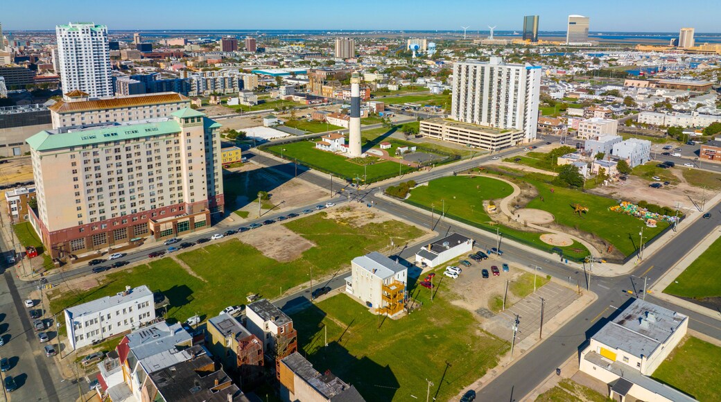 Absecon Lighthouse aerial view at the mouth of Absecon Inlet in the north end of Atlantic City, New Jersey NJ, USA. The light house was built in 1856 and is the tallest Lighthouse in New Jersey.