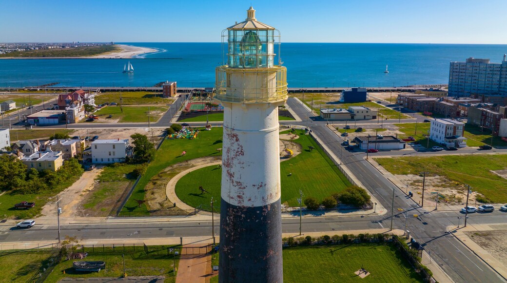 Absecon Lighthouse aerial view at the mouth of Absecon Inlet in the north end of Atlantic City, New Jersey NJ, USA. The light house was built in 1856 and is the tallest Lighthouse in New Jersey.