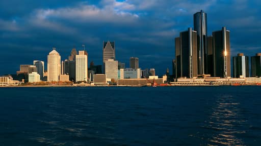 Panoramic sunrise view of Renaissance Center, Detroit, MI