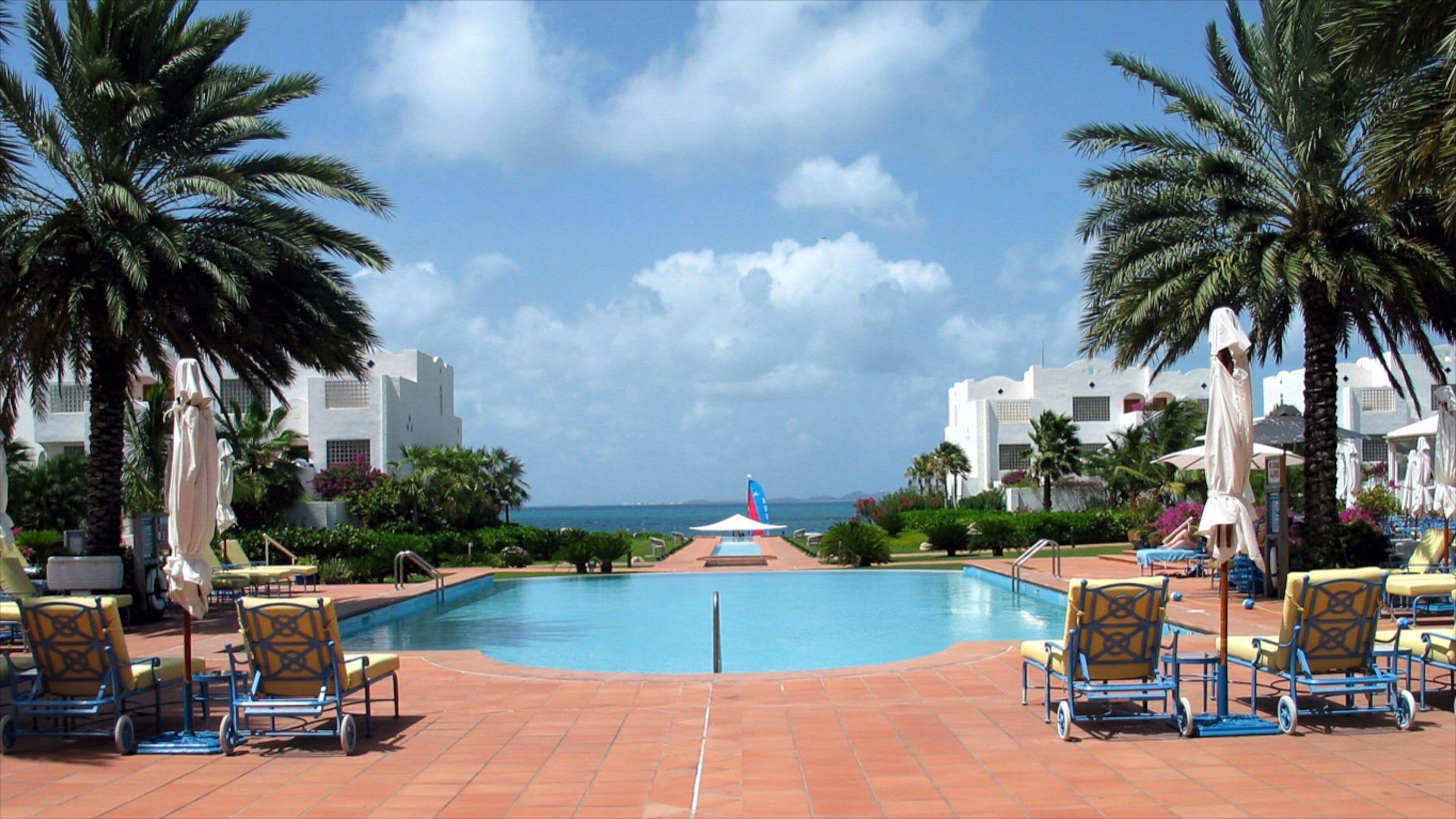 A poolside area with lounge chairs, palm trees, and a view of the ocean.