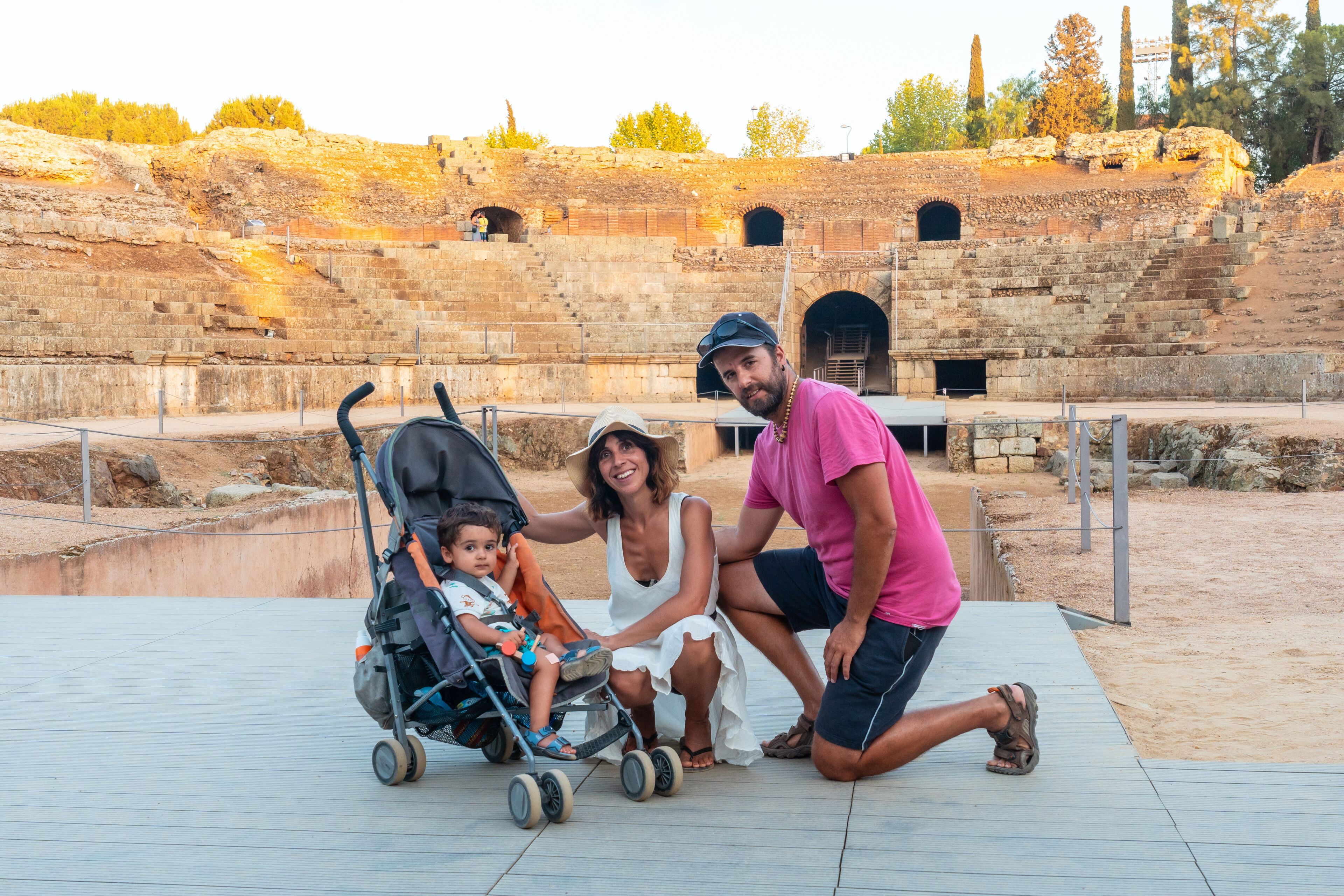 Roman Ruins of Merida, a tourist family visiting the Roman Amphitheater. Extremadura, Spain