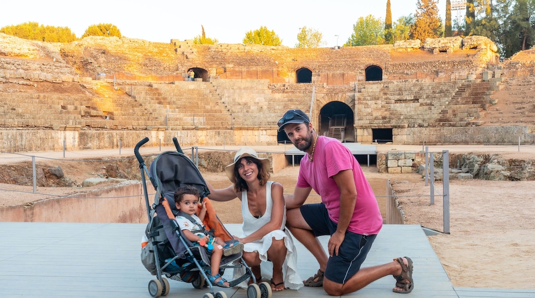 Roman Ruins of Merida, a tourist family visiting the Roman Amphitheater. Extremadura, Spain