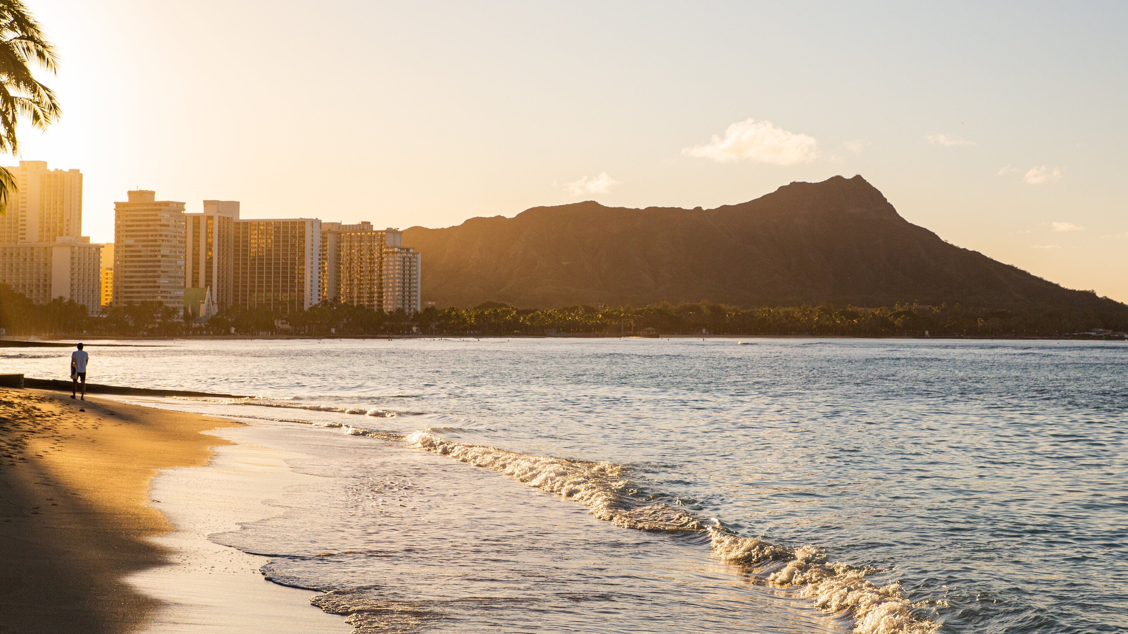 Waikiki Beach showing general coastal views, a sunset and a coastal town