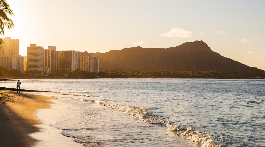 Waikiki Beach showing general coastal views, a sunset and a coastal town