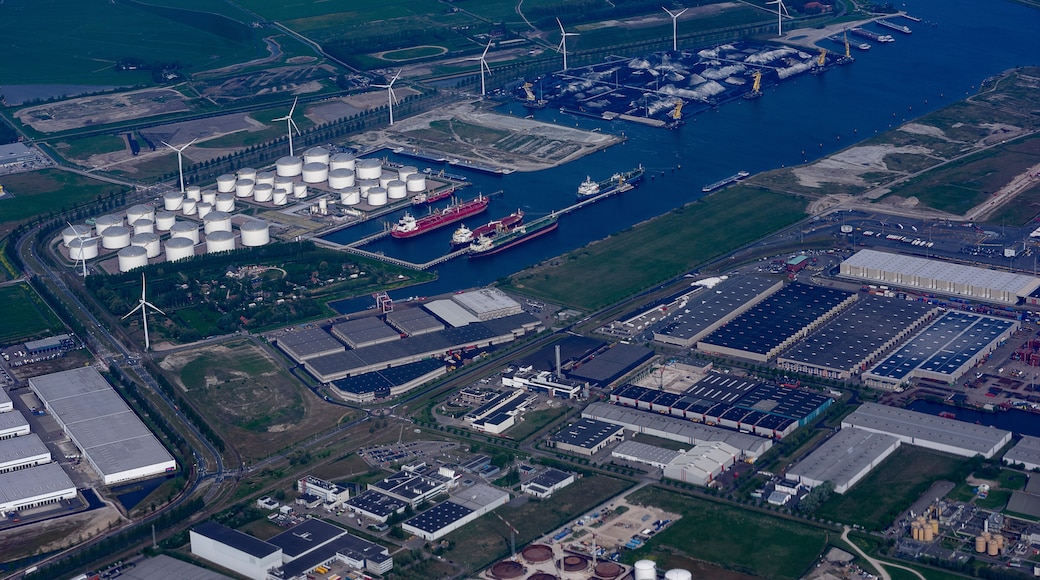 Aerial view on Amsterdam dockyards with standing ships - Westpoort, Amsterdam, Noord-Holland