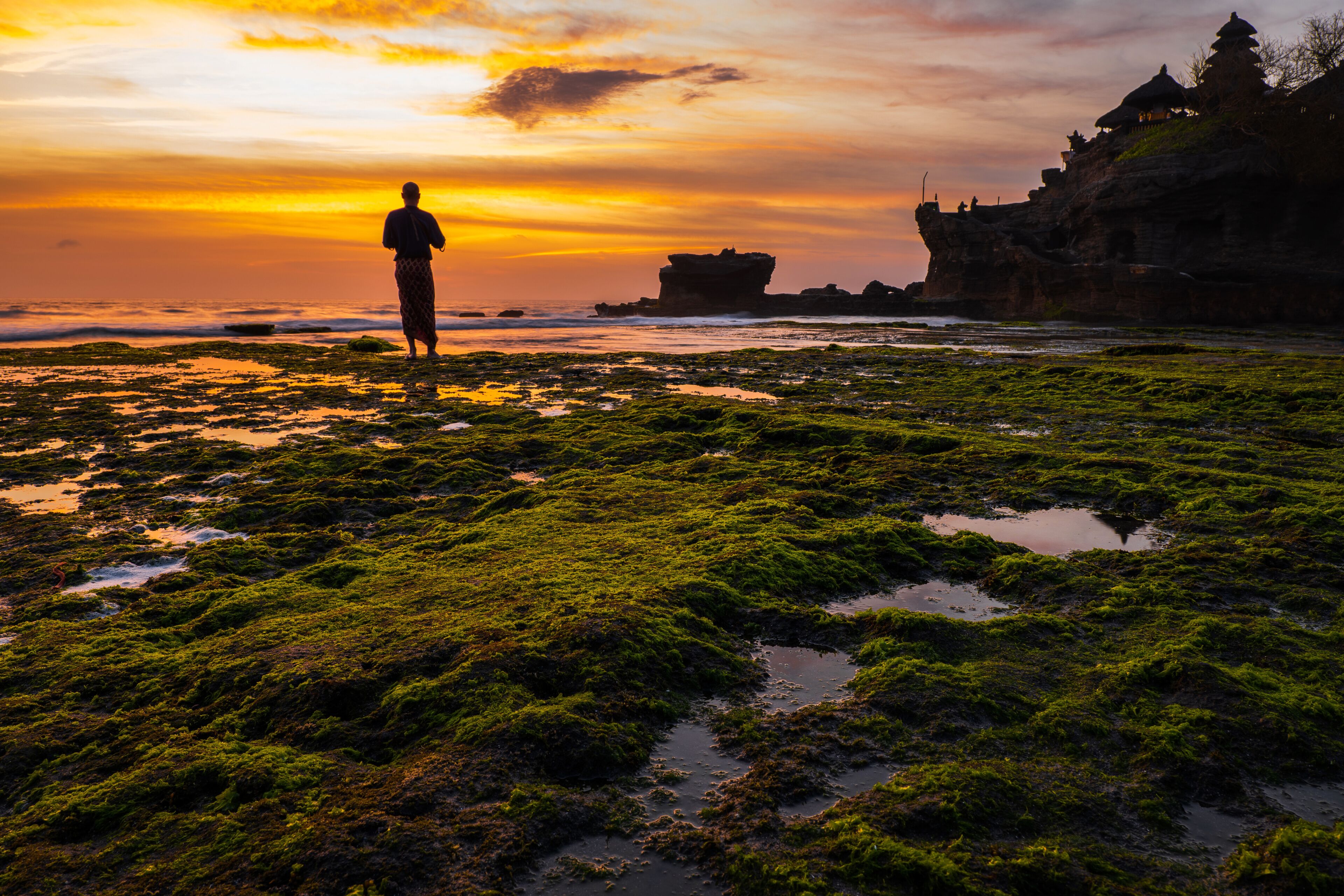 Monk against Pura Tanah Lot temple , Bali